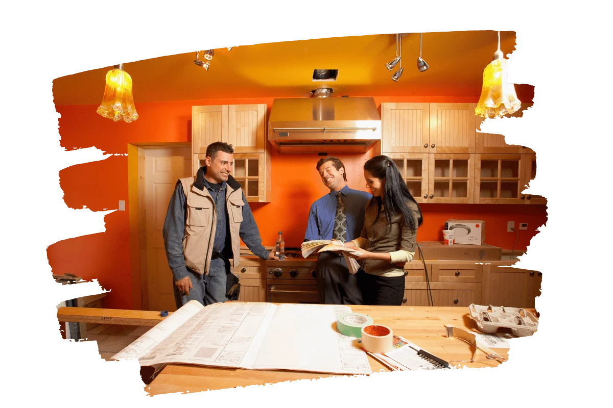 homeowners and contractor talking on the kitchen