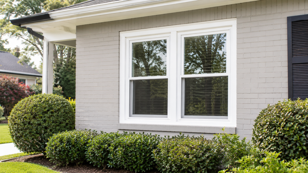 Two white double-hung windows installed on the exterior of a residential home with light painted brick and neatly trimmed landscaping.