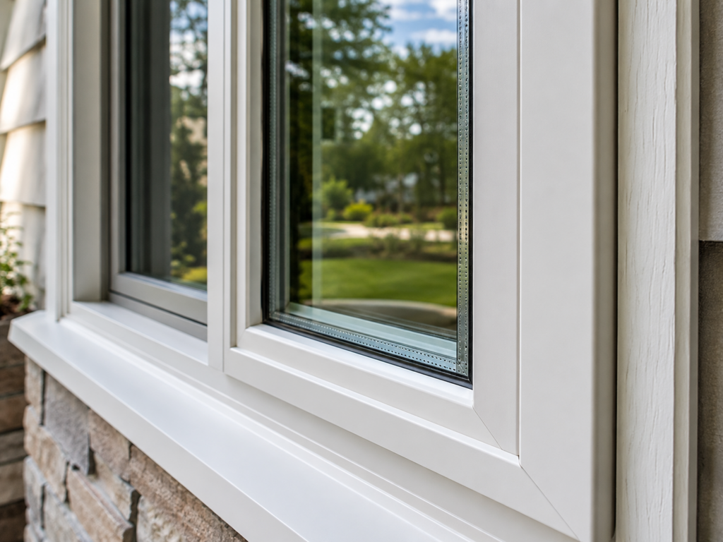 Close-up of a white energy-efficient double-pane window frame installed on a residential home exterior.