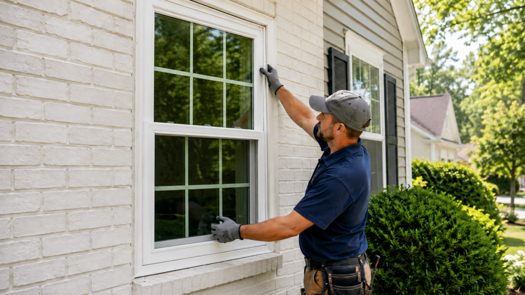 Installer fitting a white vinyl double-hung replacement window into a painted brick residential home in South Metro Atlanta.