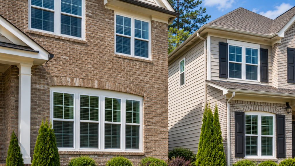 Close-up of white replacement windows on two adjacent suburban homes, showing updated curb appeal with brick, siding, shutters, and neatly landscaped greenery.