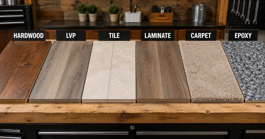 Flooring samples including hardwood, luxury vinyl plank (LVP), tile, laminate, carpet, and epoxy laid out side by side on a workbench for material comparison.