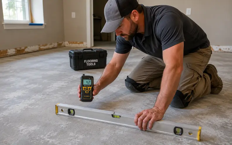 Professional flooring installer using a moisture meter and level to inspect a bare concrete subfloor before installing new flooring in a residential home.