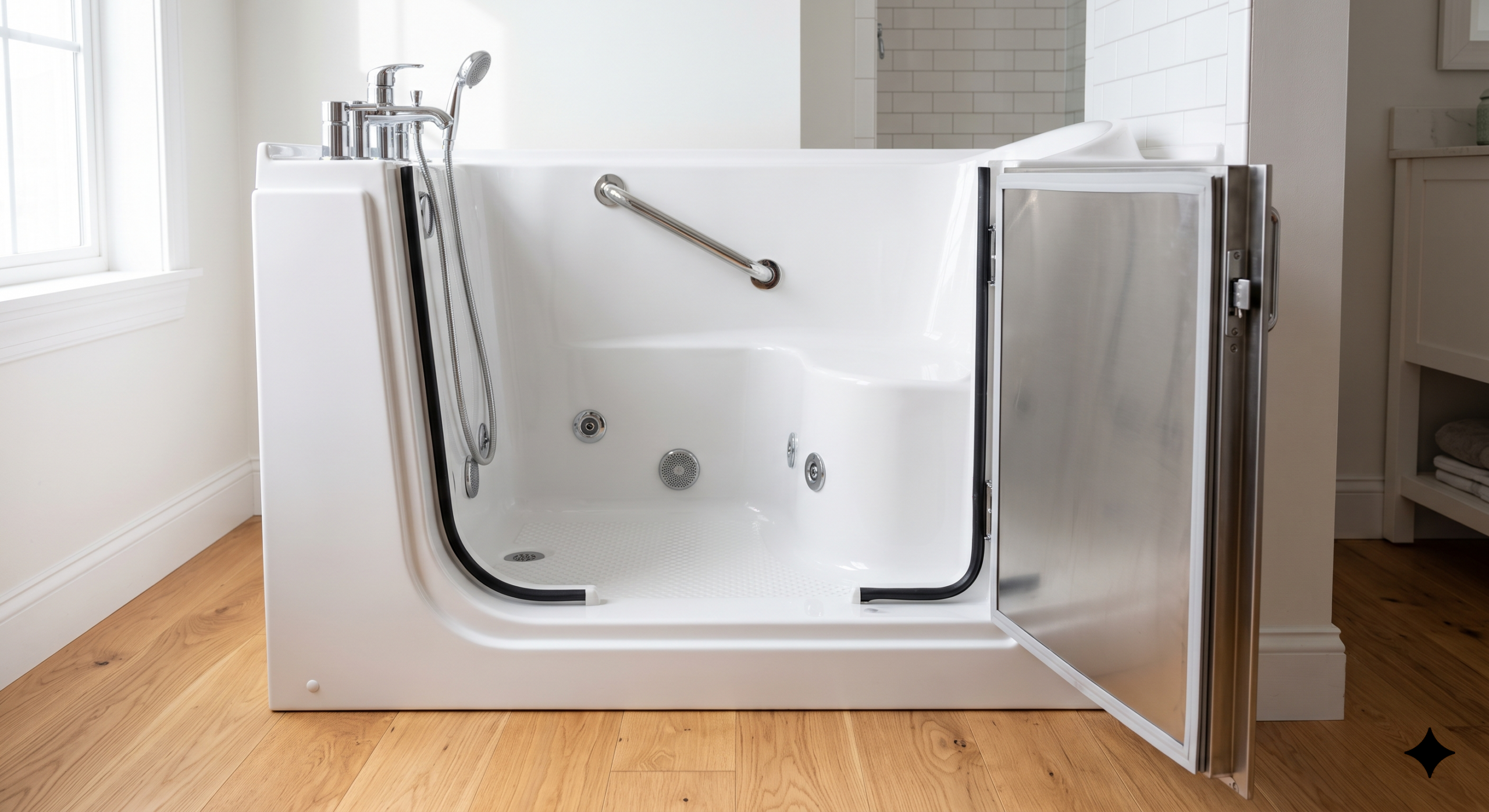 Ella walk-in tub with the door open, showing the low step-in threshold and built-in seat
