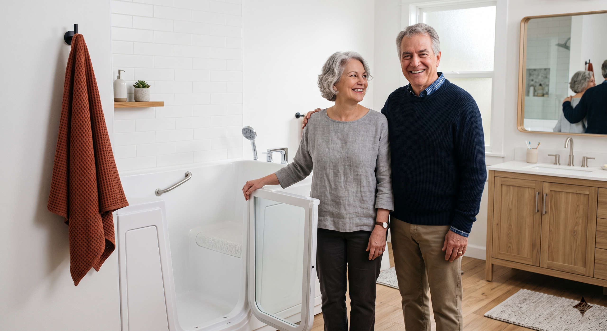Senior couple smiling in a bright, modern bathroom next to a new walk-in tub