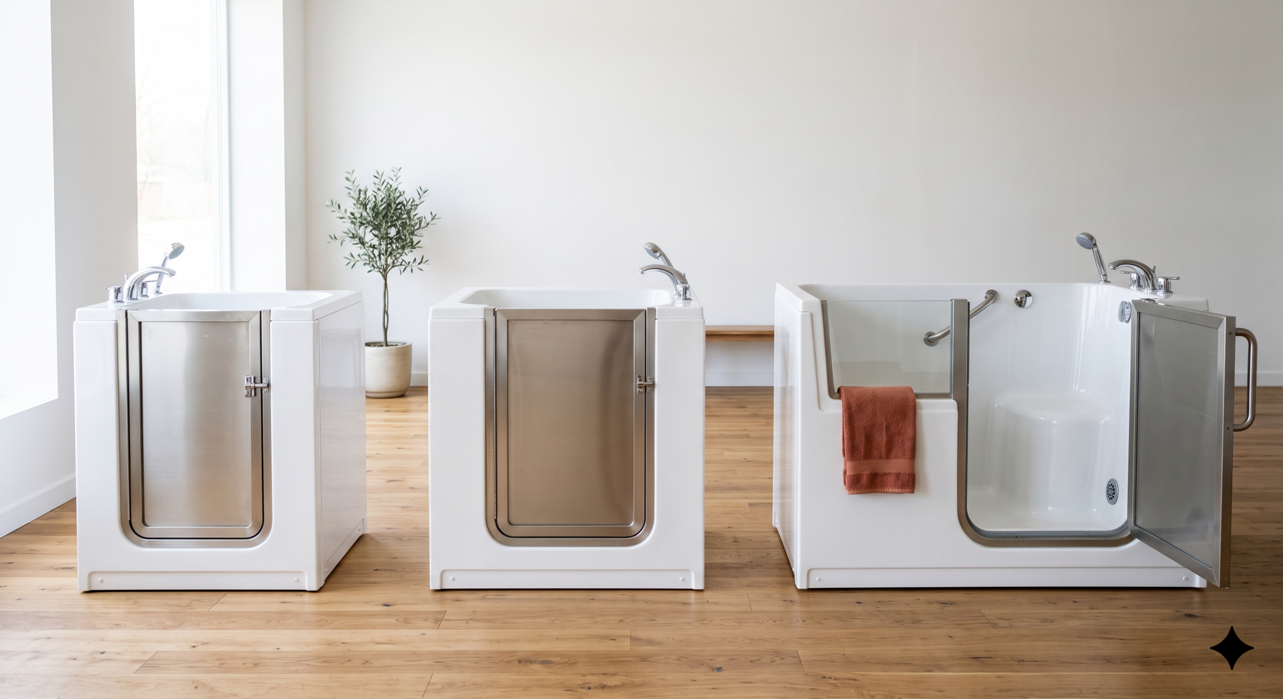 Row of Ella walk-in tub models in a bright showroom
