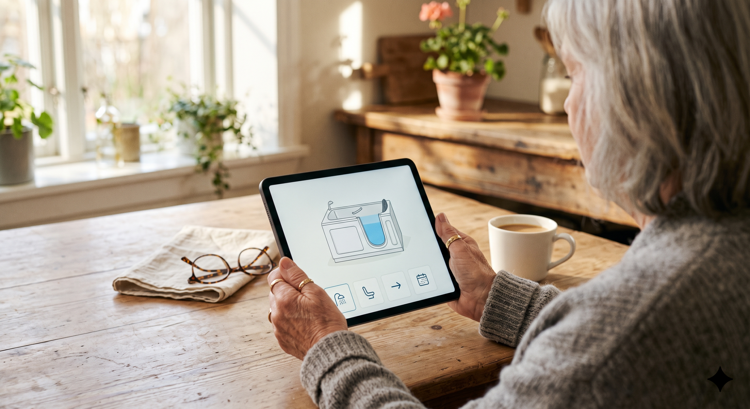 Homeowner configuring a walk-in tub on a tablet