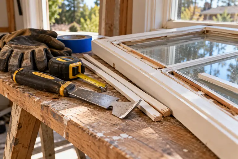 Glazing bead removal tools including a putty knife, gloves and a tape measure arranged next to a disassembled window sash.