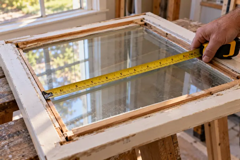A tape measure spans the width of a bare glass pane after the glazing beads have been removed.