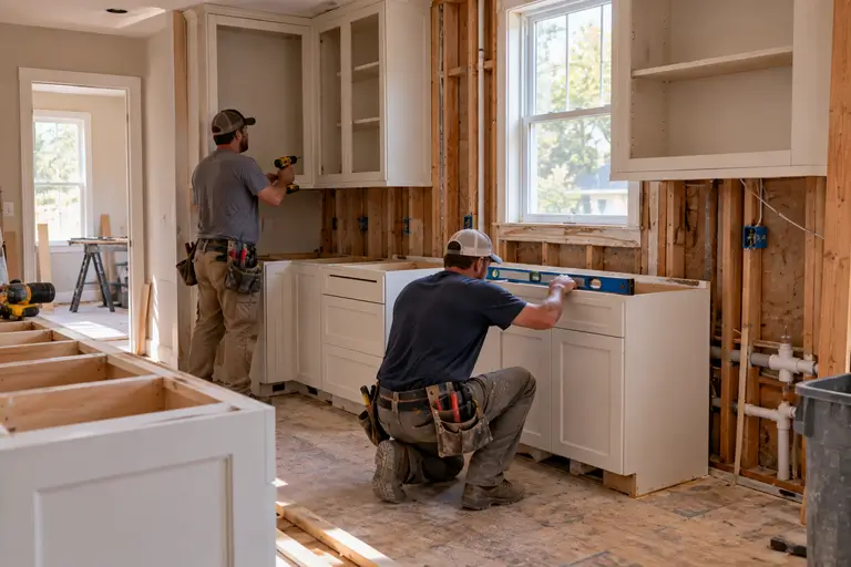 A remodeling crew installs kitchen cabinets in a home with exposed framing during an active renovation.