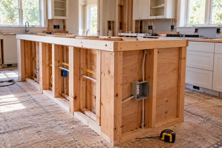 A kitchen island frame under construction with an electrical outlet box installed before countertops are added