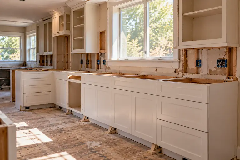 A row of installed kitchen cabinets without countertops, ready for template and countertop installation.