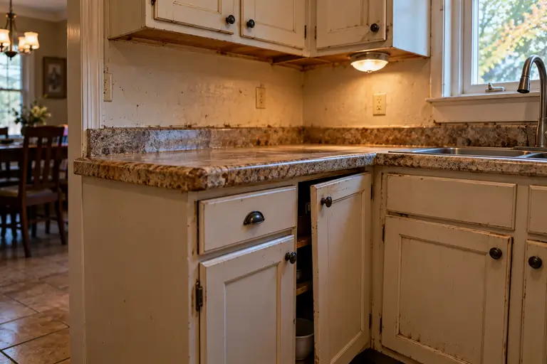A worn kitchen corner shows a stained countertop edge, a sagging cabinet door, and a dim light fixture.