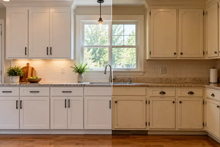A kitchen cabinet run shows one section freshly refreshed with new paint and hardware next to the original dated section.