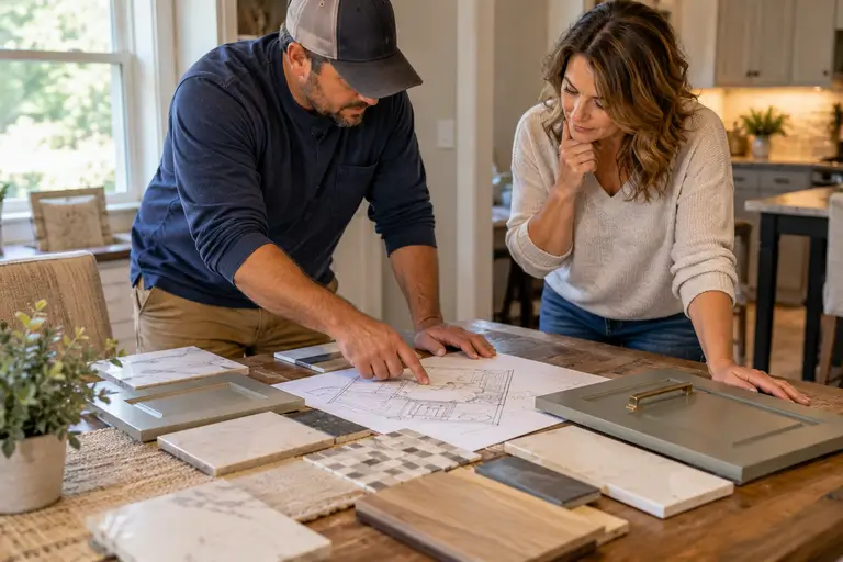 A contractor and homeowner review tile samples and a bathroom layout sketch on a table before work begins