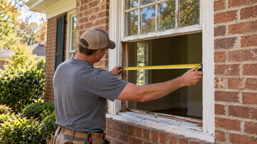 A contractor measures a window opening on the exterior of a house during a replacement job.