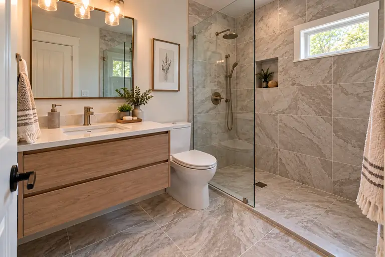 A small bathroom with a floating vanity and glass shower that let the floor and tile read as one continuous surface.
