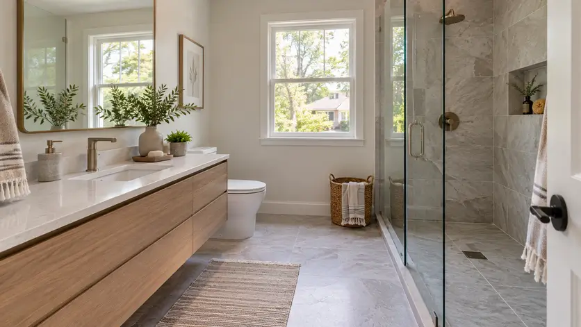 A finished small bathroom remodel with a floating vanity, glass shower, and matching floor and shower tile creating an open feel.