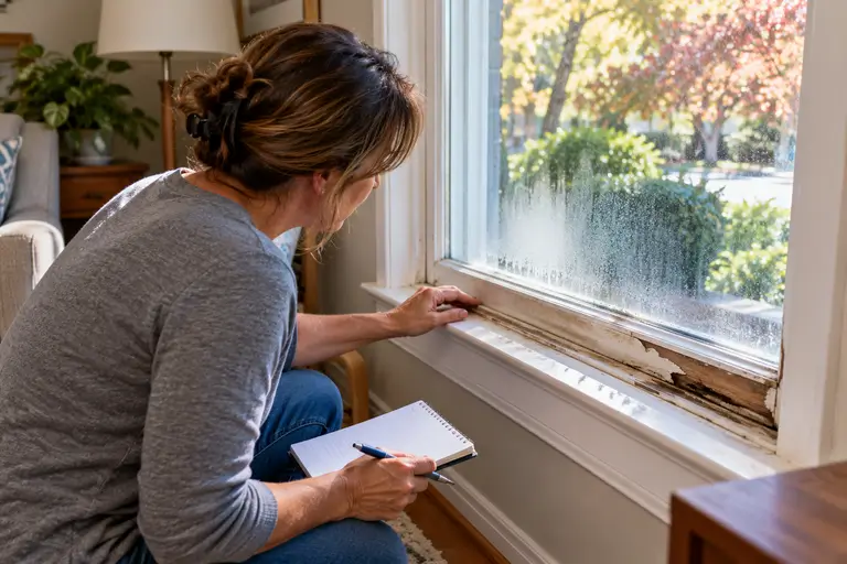A homeowner inspects a window sill and glass closely while taking notes on its condition.